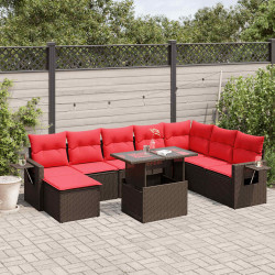 Conjunto de sofá de jardim com 9 peças e almofadas em rattan sintético marrom