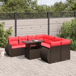 Conjunto de sofá de jardim com 9 peças e almofadas em rattan sintético marrom