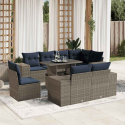 Conjunto de sofá de jardim de 9 peças com almofadas em rattan sintético cinza