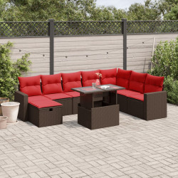 Conjunto de sofá de jardim com 9 peças e almofadas em rattan sintético marrom