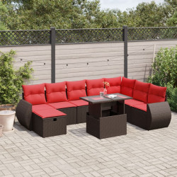 Conjunto de sofá de jardim com 9 peças e almofadas em rattan sintético marrom