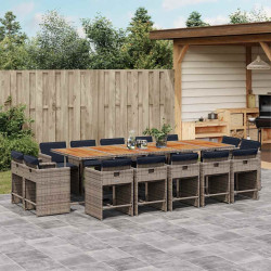Conjunto de jantar para jardim com 15 peças e almofadas em rattan sintético cinza
