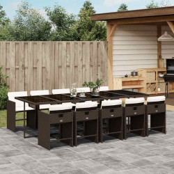 11 Pcs conjunto jantar p/ jardim c/ almofadões vime PE castanho