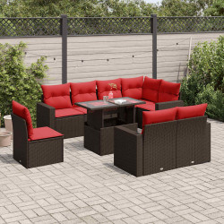 Conjunto de sofá de jardim com 9 peças e almofadas em rattan sintético marrom