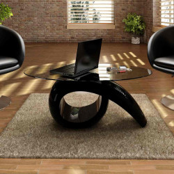 Mesa de centro com tampo oval de vidro, preto brilhante