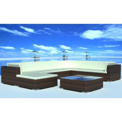8 Pcs conjunto lounge jardim c/ almofadões vime PE castanho