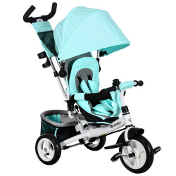 Triciclo para bebés 2 em 1 de +12 meses com capota dobrável guiador telescópico e removível bolsa e porta-garrafas verde água