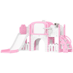 Escorrega infantil 7 em 1 para crianças tema de sapo com aro de basquetebol túnel quadro telescópio de brincar trepador 176x150x94 cm rosa