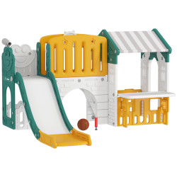 Escorrega infantil 7 em 1 com casinha para crianças com aro de basquetebol túnel quadro telescópio 189x180x111 cm amarelo e verde