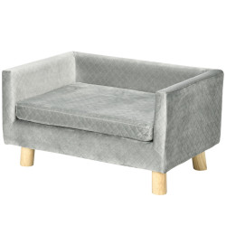 Sofá para cães pequenos 64x45x36 cm em veludo com almofada lavável e pés em madeira de bétula cinzento escuro