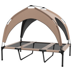 Cama para cães elevada com toldo para cães médios com estrutura de aço e bolsa de transporte 106x76x94 cm marrom claro