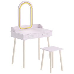 Conjunto tocador infantil com banquinho espelho em acrílico LED 3 cores 2 gavetas 3-8 anos rosa