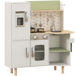 Cozinha de madeira para crianças com máquina de gelo lavatório de aço inoxidável e utensílios 84x34x89 cm branco