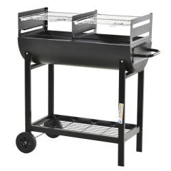 Barbecue a carvão com grelha ajustável em altura prateleira de armazenamento e rodas 90x45x96 cm preto