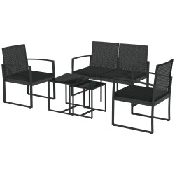 Conjunto móveis de jardim de vime sintético com 2 poltronas individuais 1 sofá duplo e 2 mesas de centro preto