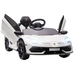 Carro elétrico lamborghini para crianças 12v velocidade máxima 5km/h controlo remoto mp3 luzes e cinto de segurança 107,5x63x42 cm branco