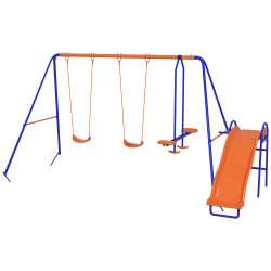 Conjunto de baloiços 4 em 1 com 2 baloiços individuais 1 baloiço planador e 1 escorrega 367x192x180 cm multicor