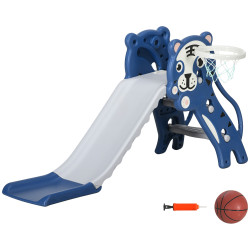 Escorrega para crianças 2 em 1 com 2 degraus cesta de basquetebol e desenho de tigre para interior 133x60x70 cm azul