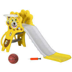 Escorrega para crianças 2 em 1 com 2 degraus cesta de basquetebol e desenho de leão para interior 131x50x74 cm amarelo e cinza