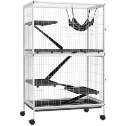 Gaiola para roedores 80x52x128 cm casa de 4 alturas com rampas suspensa rede bandeja removível rodas branco rajado e preto