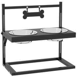 Comedouro elevado para cães com 2 tigelas altura ajustável e 1 peça de metal com formato de osso 40,5x22x39 cm preto