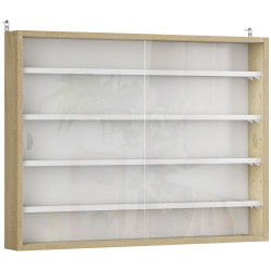 Vitrine de parede de madeira com prateleiras ajustáveis e 2 portas corredeiras de vidro para coleções perfumes 80x9,5x60cm madeira e branco