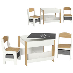 Conjunto de mesa e 2 cadeiras infantis 2 em 1 com ardósia gavetas de tecido e espaço de armazenamento para quarto cinza