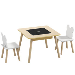 Conjunto de mesa e 2 cadeiras com encosto em forma de ursinho e compartimentos ocultos madeira e branco