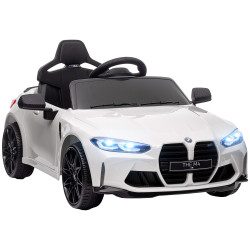 Carro elétrico para crianças bmw m4 12v com controlo remoto faróis buzina música e velocidade 3-5 km/h 108x69,5x51 cm branco
