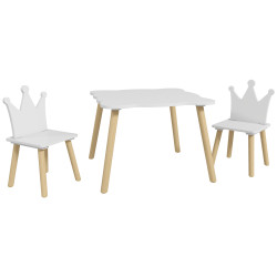 Mesa infantil com 2 cadeiras com encosto em forma de coroa para crianças de 3-6 anos para sala de jogos dormitório branco
