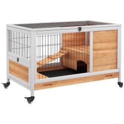 Coelheira de madeira gaiola de para pequenos animais portátil com teto abatível rampa bandeja amovível 90x53x59cm madeira