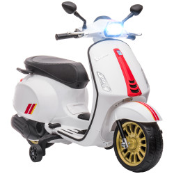 Moto elétrica para crianças de 3-6 anos com licença vespa com USB mp3 luz LED rádio fm velocidade 3 km/h carga 35 kg branco