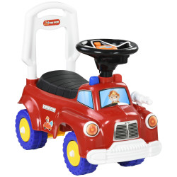 Carro andador para crianças com desenho de camião de bombeiros 3 luzes música e compartimento de arrumação 49x24x42 cm vermelho