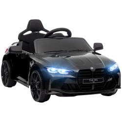 Carro elétrico para crianças bmw m4 12v com controlo remoto faróis buzina música e velocidade 3-5 km/h 108x69,5x51 cm preto