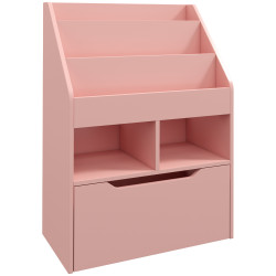 Estante de madeira para brinquedos com 3 compartimentos 2 prateleiras e gaveta móvel com 4 rodas 60x29,9x90 cm rosa