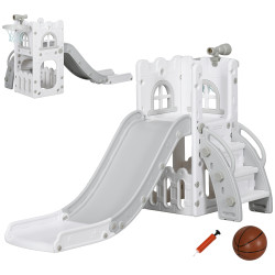 Escorrega infantil 5 em 1 para crianças com cesto de basquetebol telescópio escalador e cesta inferior 70x177x92 cm branco e cinza