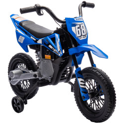 Mota elétrica infantil 12v com música, velocidade 2,4-5 km/h, rodas auxiliares, 107x56x70 cm, azul