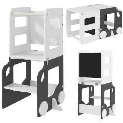 Torre de aprendizagem 4 em 1 para crianças em forma de carro convertível em mesa e cadeira 58x46x92 cm branco e cinza