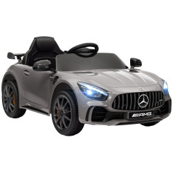 Carro elétrico para crianças carro mercedes-benz amg gtr com bateria 12v faróis buzina e música 108x67x46 cm prata