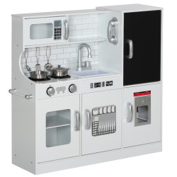 Cozinha de brincar para crianças cozinha infantil de madeira com acessórios máquina de gelo e ardósia 83,8x26,8x81 cm branco