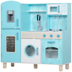 Cozinha de madeira para crianças com sons fogão forno micro-ondas máquina de gelo e acessórios 90x33,3x91,6 cm azul