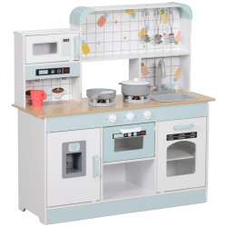 Cozinha de madeira para crianças com sons lavatório micro-ondas máquina de gelo e acessórios 88,6x31,7x90,4 cm branco