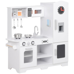 Cozinha de madeira para crianças com fogão lavatório micro-ondas relógio máquina de gelo e acessórios 100,5x41x110 cm brancp