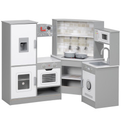 Cozinha de madeira para crianças com sons forno lavatório micro-ondas máquina de gelo e acessórios 110x80x91 cm cinza