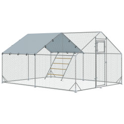 Galinheiro para exterior 3x4 m galinheiro de aço galvanizado com comedouro suspenso tipo espeto poleiro anti-UV prata