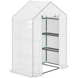 Estufa de jardim pequena de 3 níveis com 6 prateleiras porta enrolável e capa de PE 143x74x190 cm branco