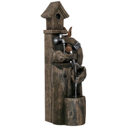 Fonte de jardim 2 em 1 com casa para pássaros fonte de água com luzes LED bomba fonte decorativa com troncos de árvore multicor