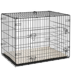 Gaiola dobrável para cães pequenos com almofada portas bandeja removível e estrutura metálica 75x48,5x53 cm preto e bege
