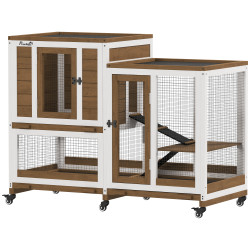 Coelheira de madeira interior gaiola para coelhos de 2 níveis com rodas 2 rampas 3 bandejas amovíveis 110x50x86 cm marrom