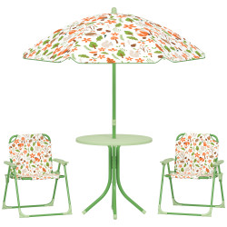 Conjunto de mesa e cadeiras para crianças de jardim com cadeiras dobráveis chapéu de sol ajustável e desenho de raposas verde